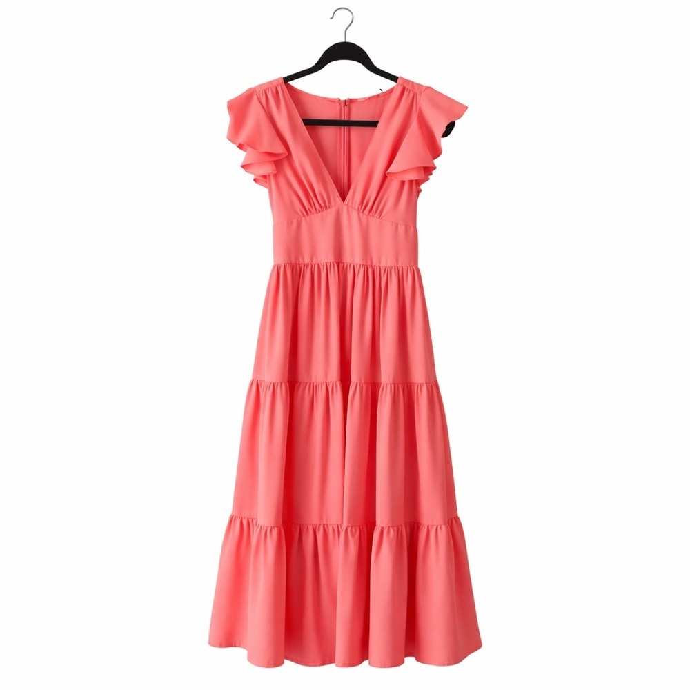 NWT Amanda Uprichard Annette Midi Dress Neon Ballet size small Coral Ruffle